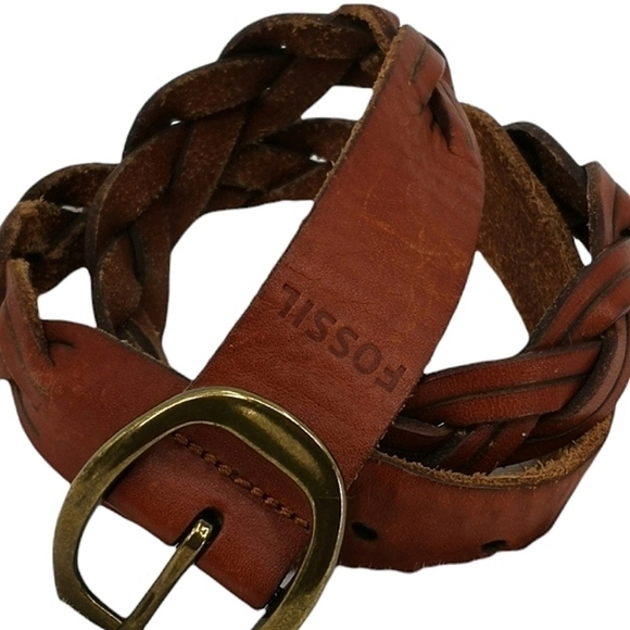 Fossil Accessories - Fossil Women's 30"-34" Braided Brown Leather Adjustable Designer Gold Tone Belt